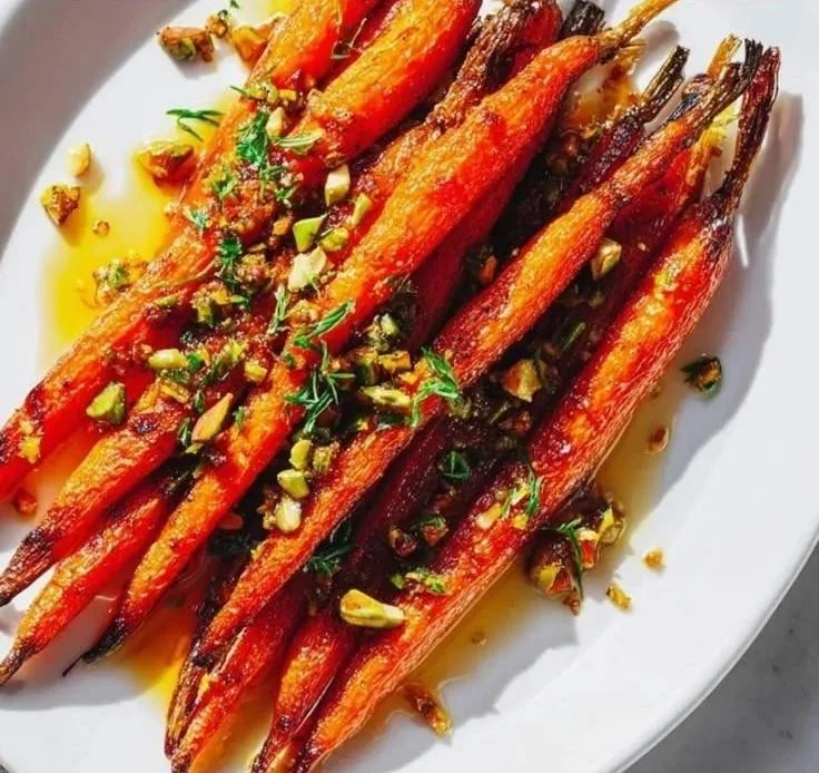 Bowl of honey roasted carrots garnished with herbs