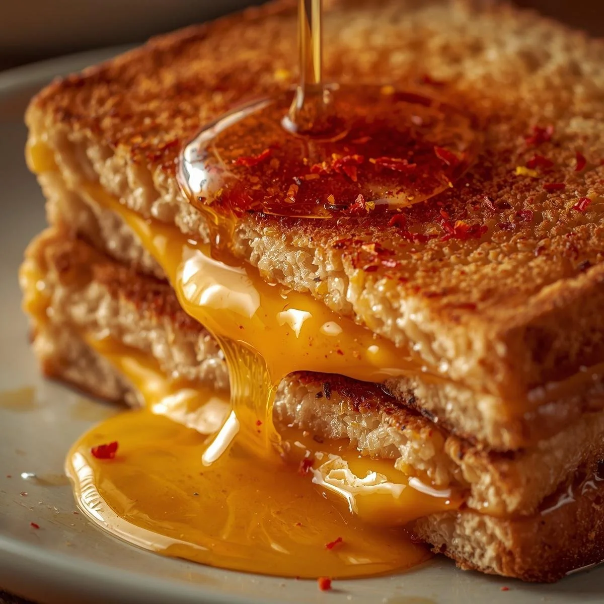 Hot Honey Grilled Cheese sandwich with melted cheese and honey drizzle