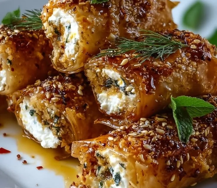 Indulgent oven fried feta rolls served on a plate