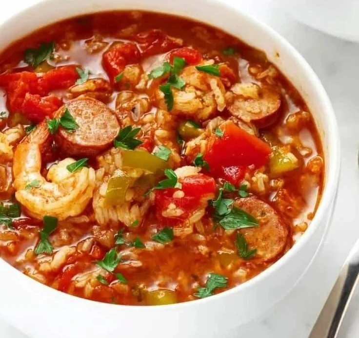 Bowl of spicy Jambalaya Soup with shrimp, sausage, and vegetables