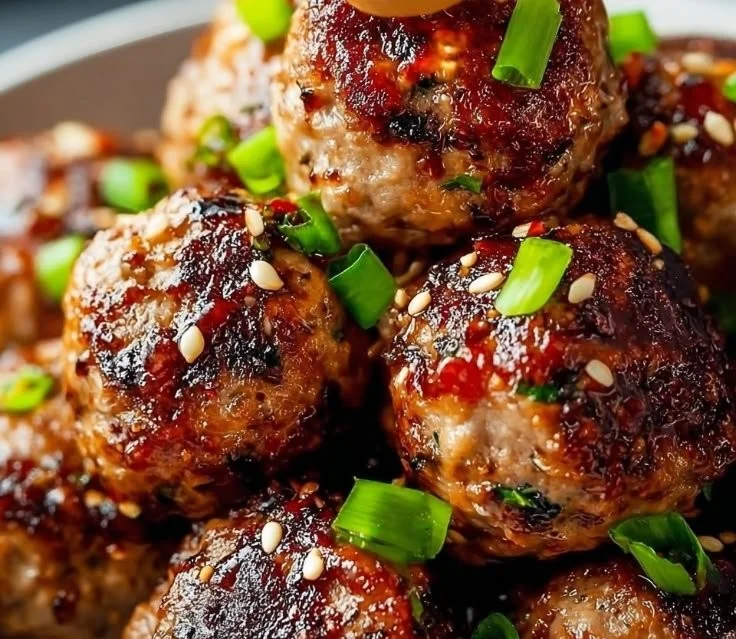 Korean BBQ meatballs with spicy mayo dip on a serving platter.