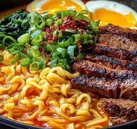 Bowl of Korean beef ramen garnished with vegetables and herbs