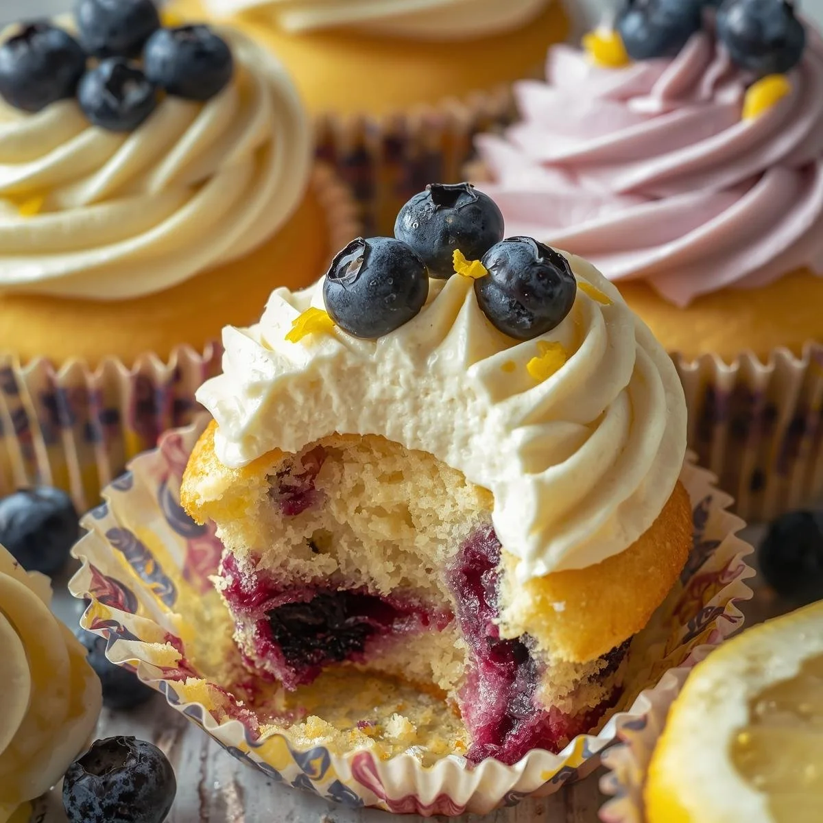 Lemon Blueberry Cupcakes topped with blueberry frosting and lemon zest