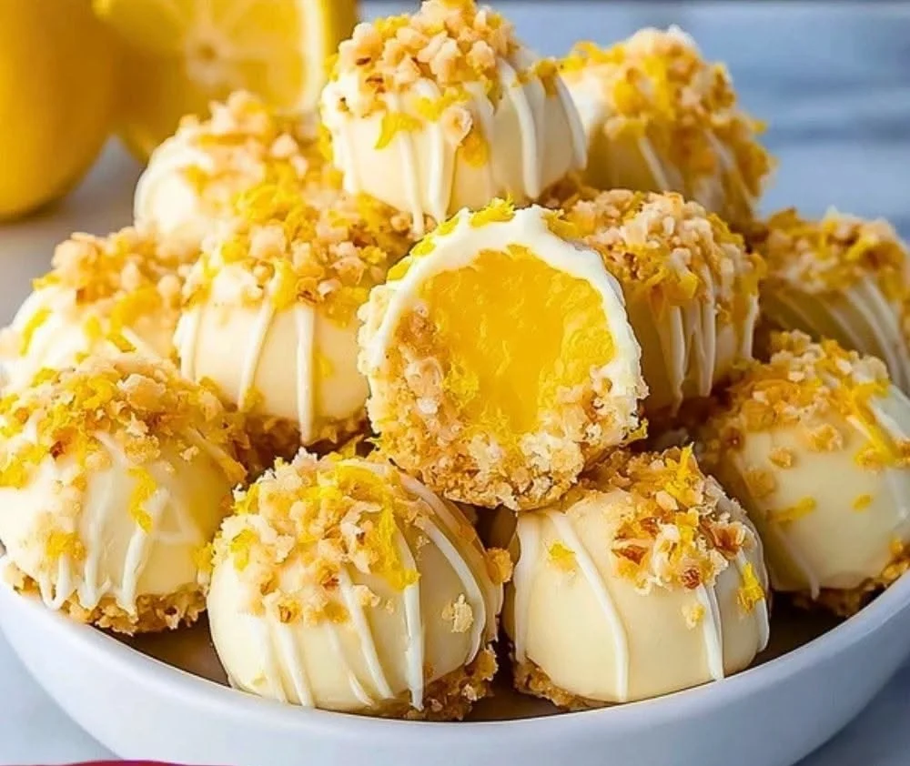 Lemon Cheesecake Bites on a plate, garnished with lemon zest and mint leaves.