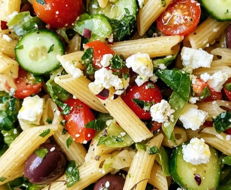 Lemon Herb Mediterranean Pasta Salad with fresh vegetables and herbs