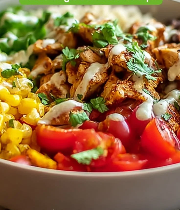Low-calorie chicken burrito bowl with fresh ingredients and vibrant colors