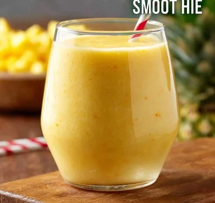 Delicious Mango Pineapple Smoothie in a glass with tropical fruits