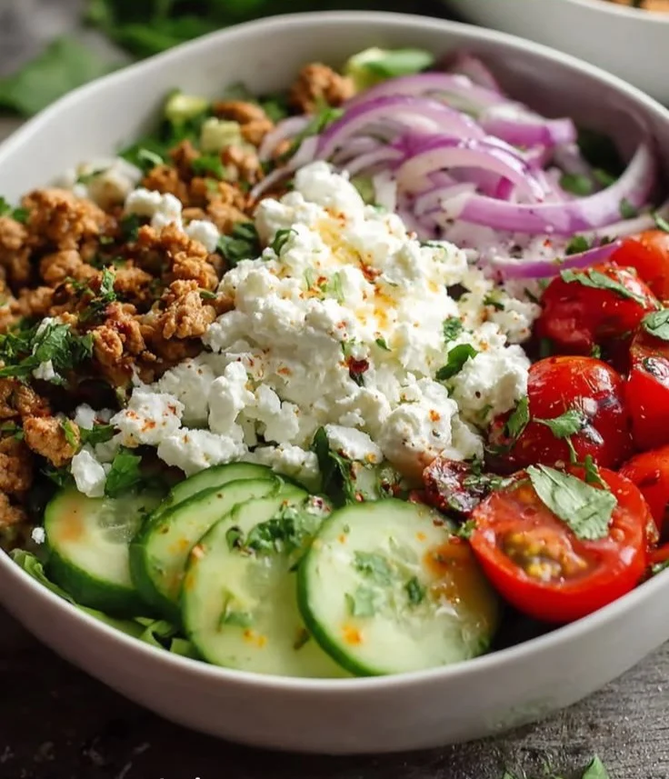 Mediterranean Ground Turkey Bowls with fresh veggies and spices