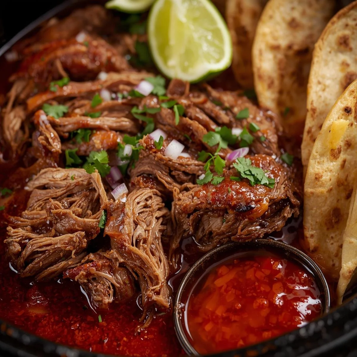 Delicious Mexican birria prepared in a crockpot, served with fresh toppings.