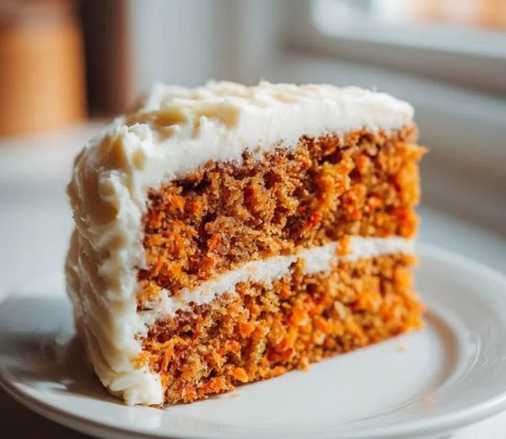 Moist carrot cake topped with cream cheese frosting and garnished with walnuts