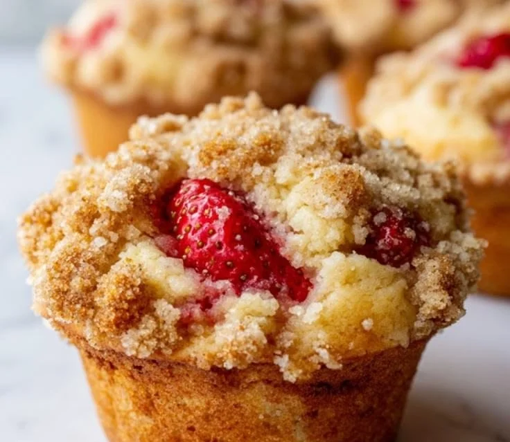 Deliciously moist strawberry muffins with fresh strawberries on a plate