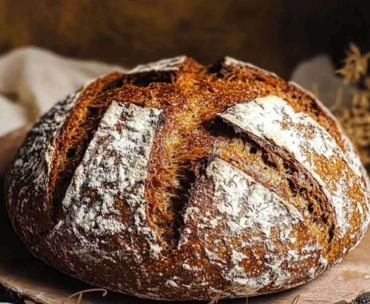 Freshly baked molasses brown soda bread loaf on a wooden cutting board