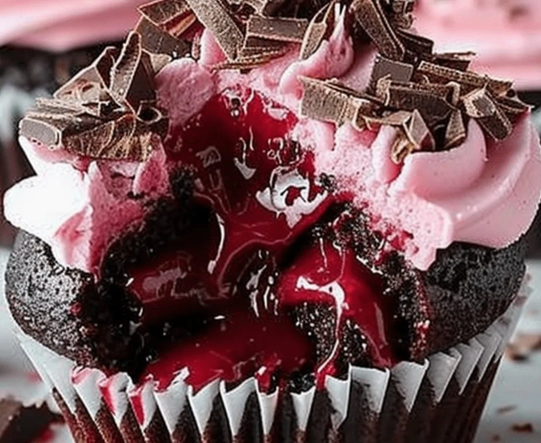 Molten Raspberry Chocolate Cupcake topped with fresh raspberries and chocolate drizzle