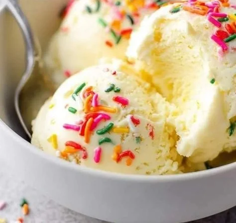 Ninja Creami cake batter ice cream in a bowl with sprinkles