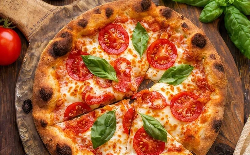 Ninja Woodfire Pizza prepared with fresh ingredients on a wooden board.