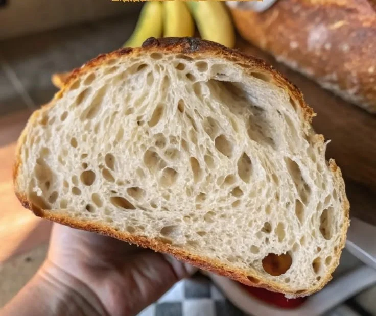 Freshly baked No-Bulk-Fermentation Sourdough Bread on a wooden table