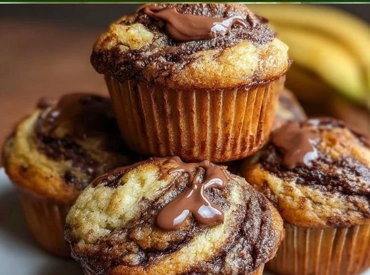 Nutella banana muffins with a rich chocolate swirl on top.
