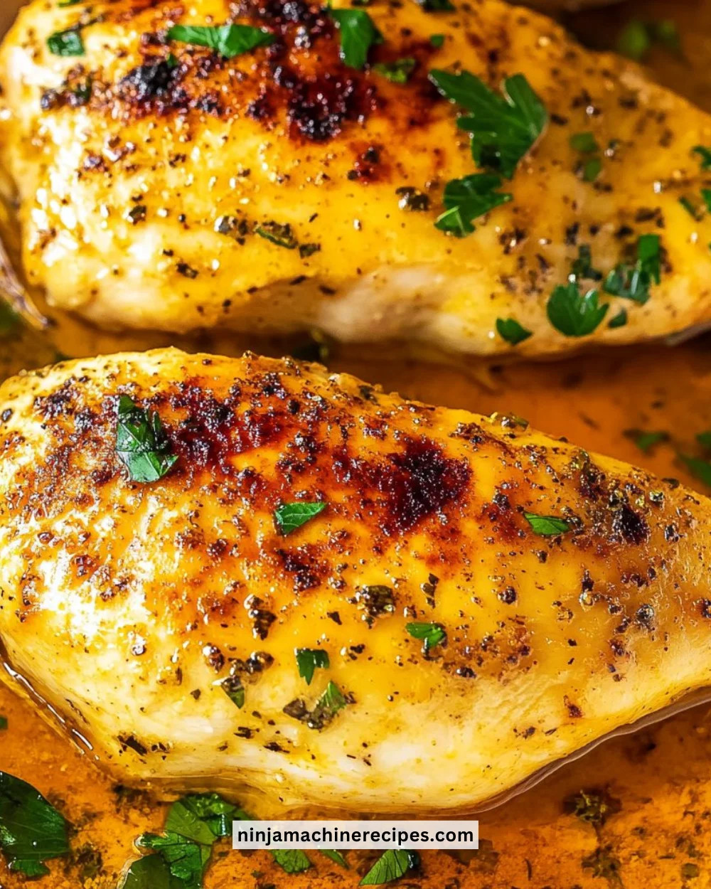 Juicy oven baked chicken breast on a plate with herbs and spices.