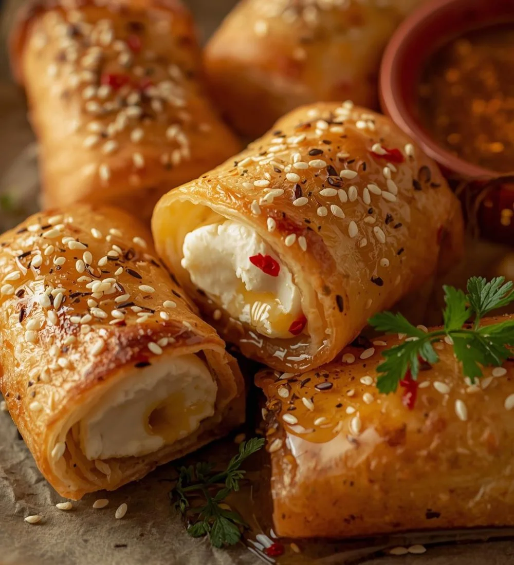 Oven-fried feta rolls drizzled with spicy chili honey on a plate