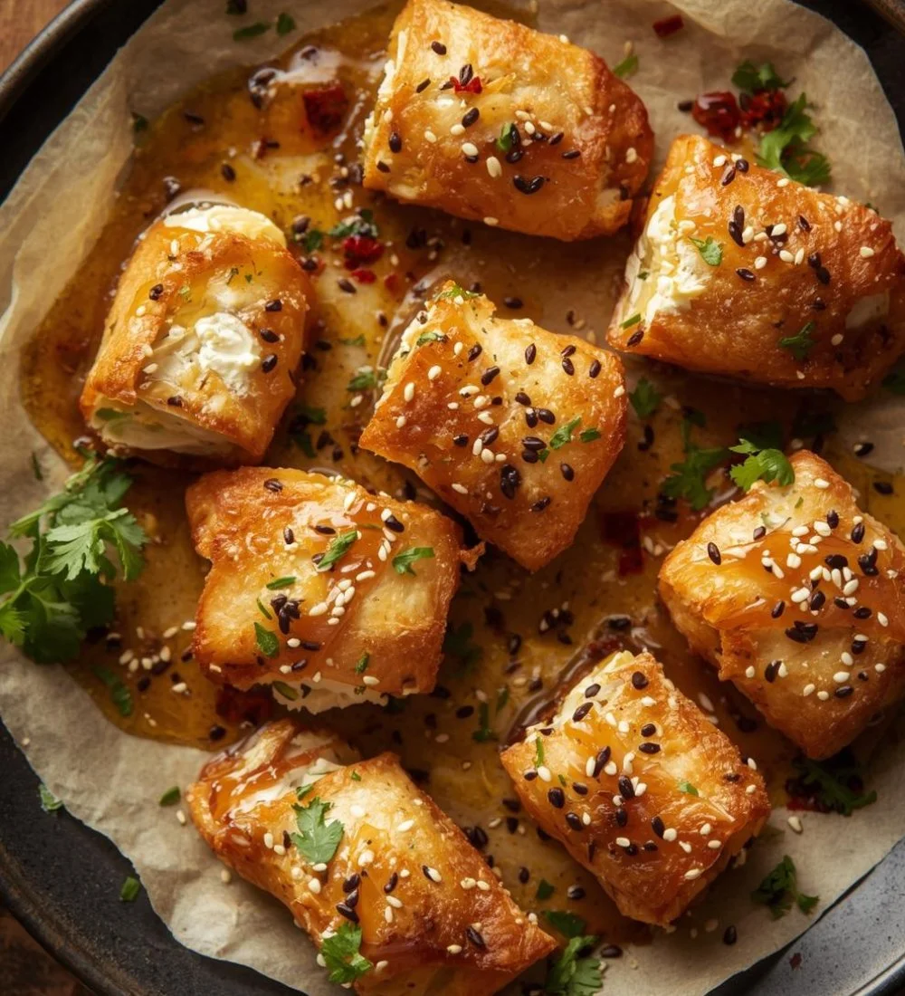 Oven-Fried Feta Rolls with Spicy Chili Honey