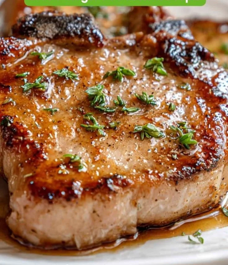 Delicious pan-seared pork chops with honey garlic sauce on a plate.