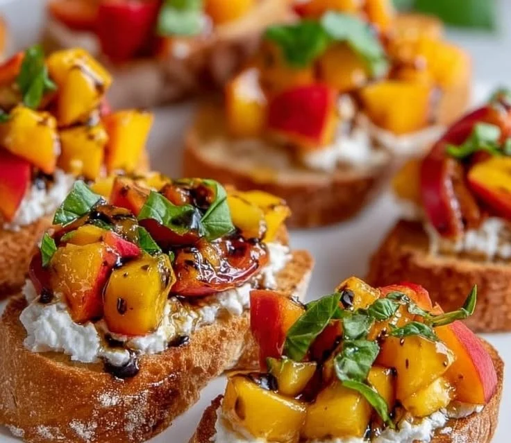 Peach Bruschetta topped with whipped ricotta on toasted bread