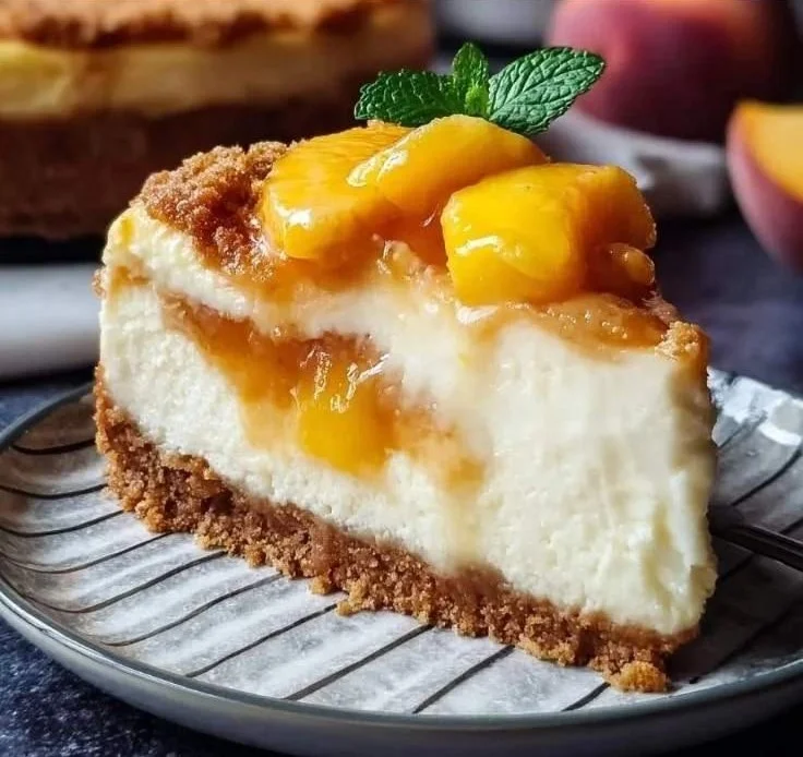 Slice of Peach Cobbler Cheesecake garnished with fresh peaches and crumble topping