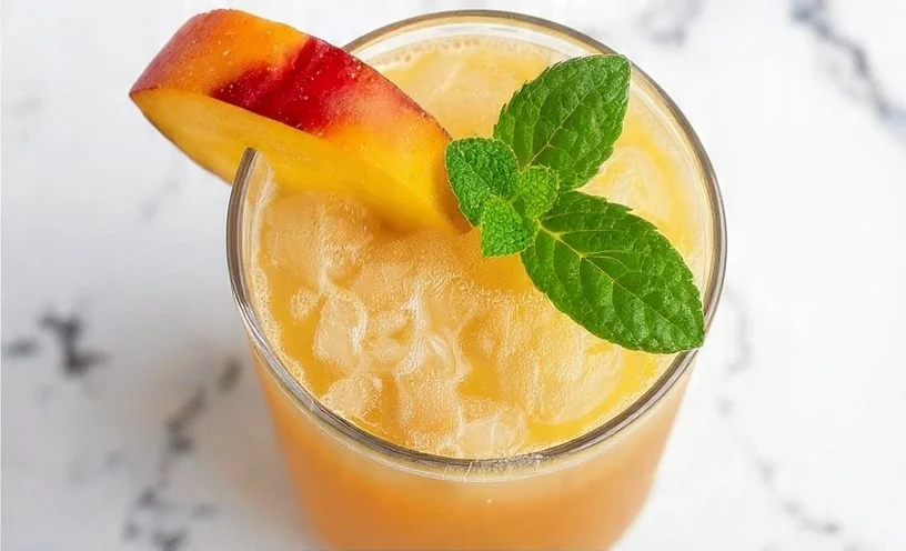 Refreshing Peach Iced Tea Slushie with vibrant peach slices and ice.