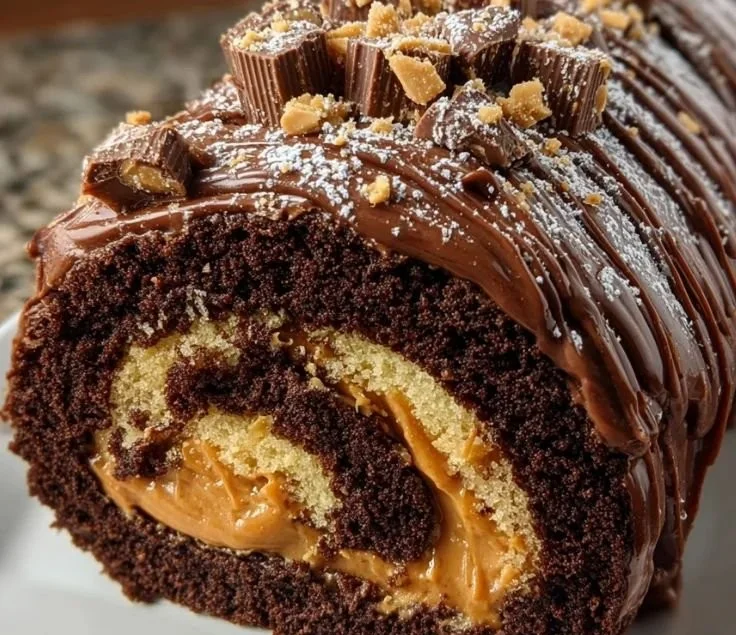 Peanut butter cup chocolate roll dessert topped with chocolate and peanut butter.