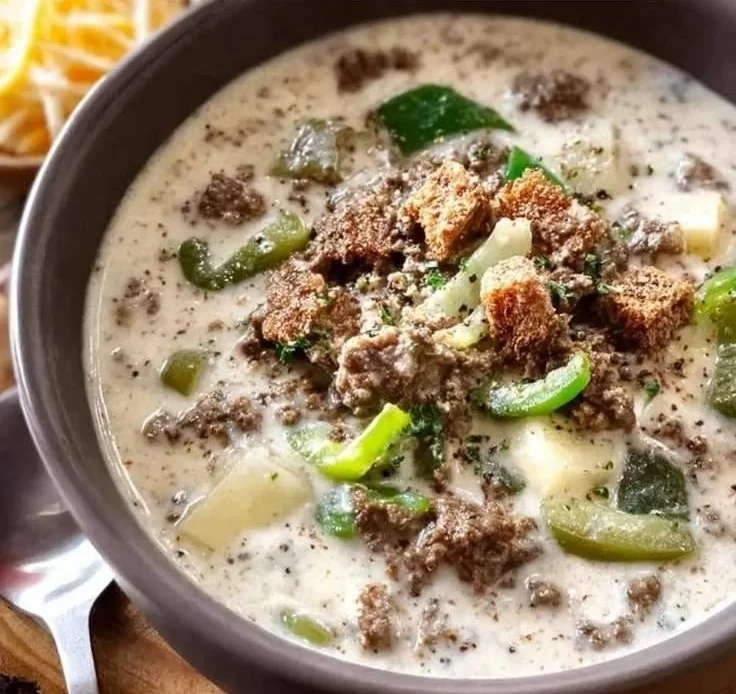 Bowl of creamy Philly cheesesteak soup topped with cheese and herbs