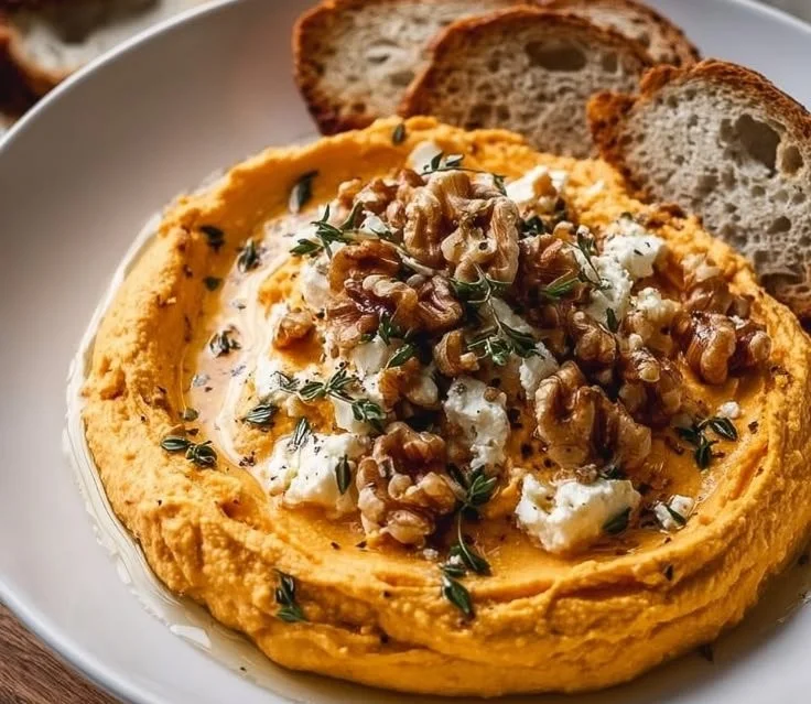Creamy Pumpkin Whipped Feta Dip served with fresh vegetables