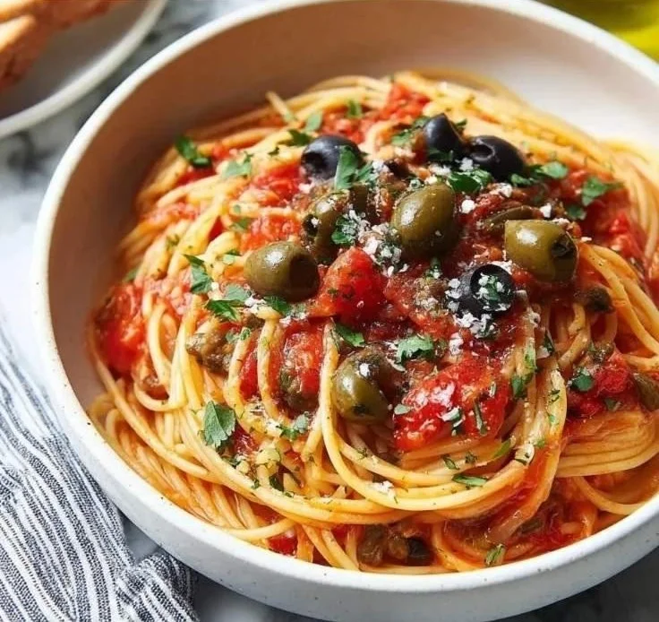 Delicious plate of quick classic pasta puttanesca with olives and tomatoes