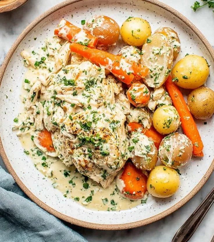 Plate of Ranch Chicken served with colorful vegetables