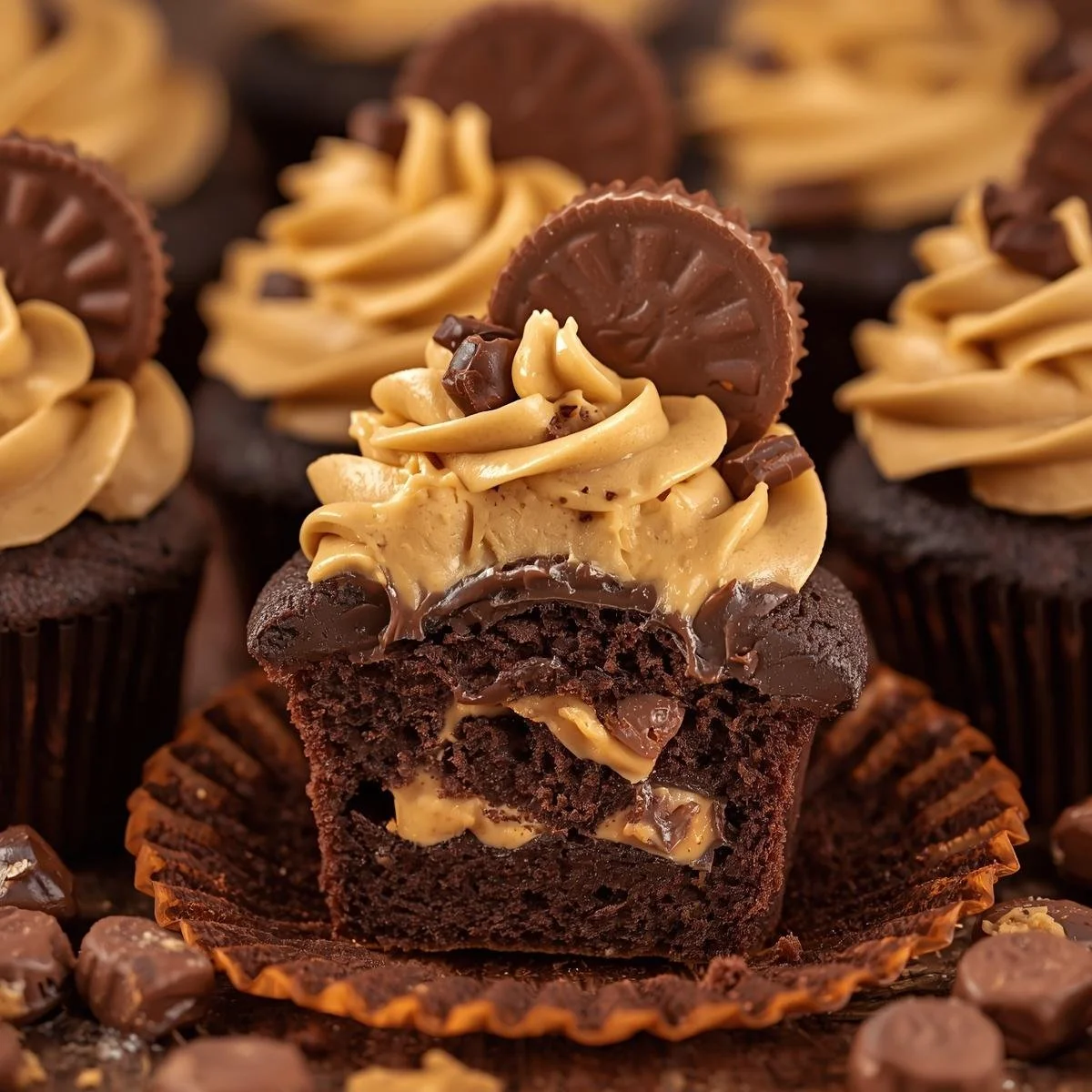 Reese's Peanut Butter Cupcakes topped with chocolate frosting and peanut butter cups