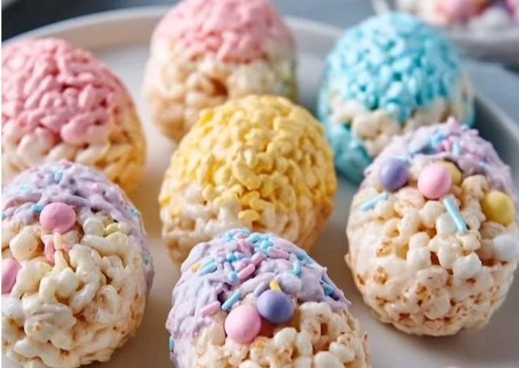 Colorful Rice Krispies Easter Egg Treats arranged on a plate