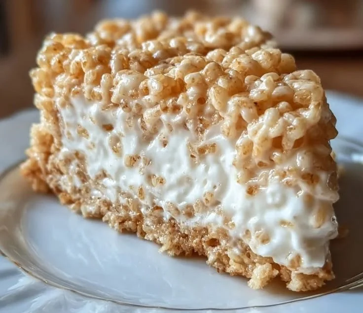 Delicious no-bake Rice Krispy Treat cheesecake with a crunchy topping