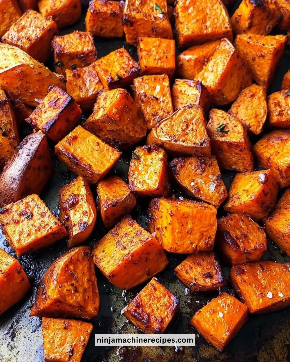 Delicious roasted sweet potato served on a plate with herbs and spices