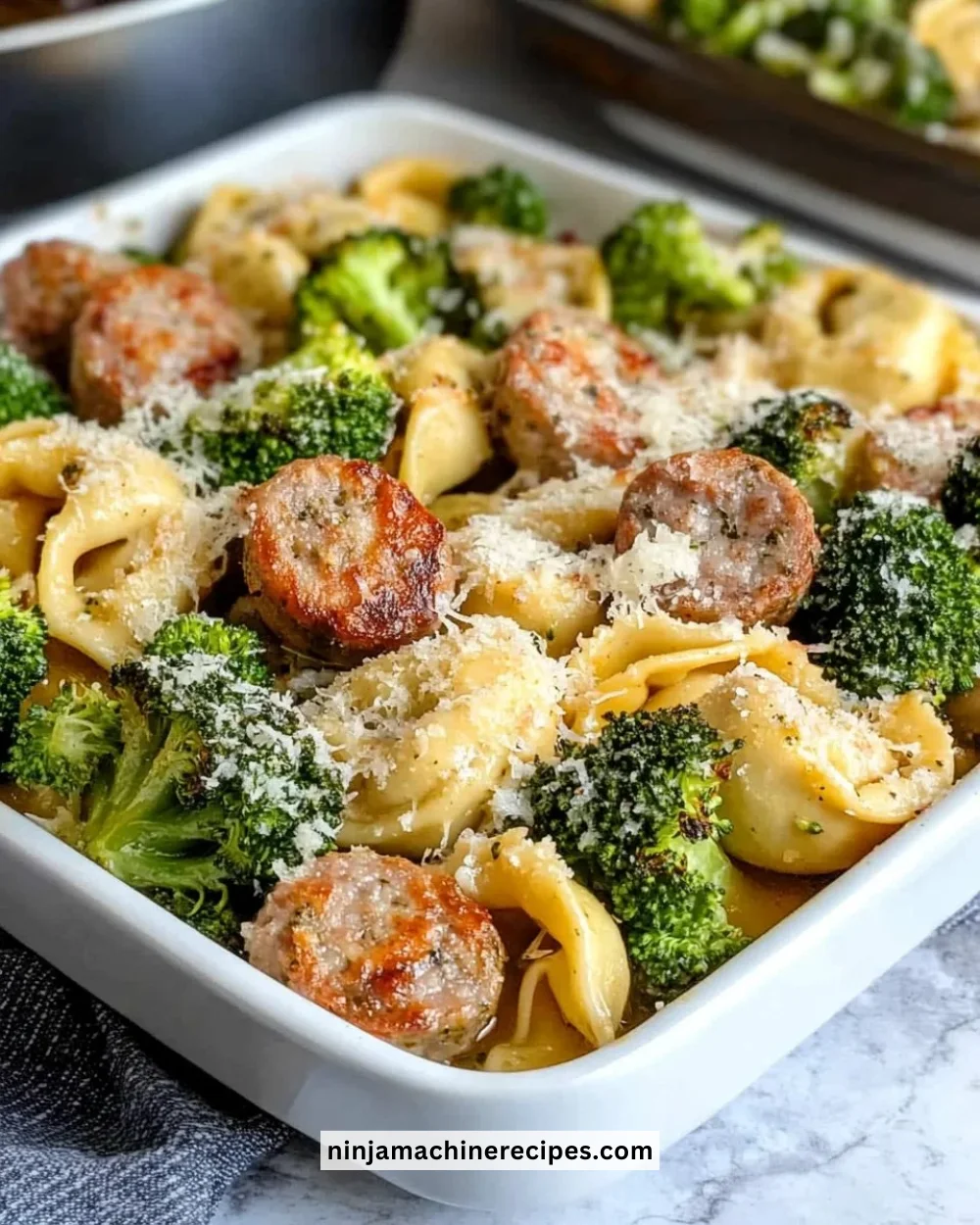 Sheet pan broccoli tortellini bake with cheese and vegetables