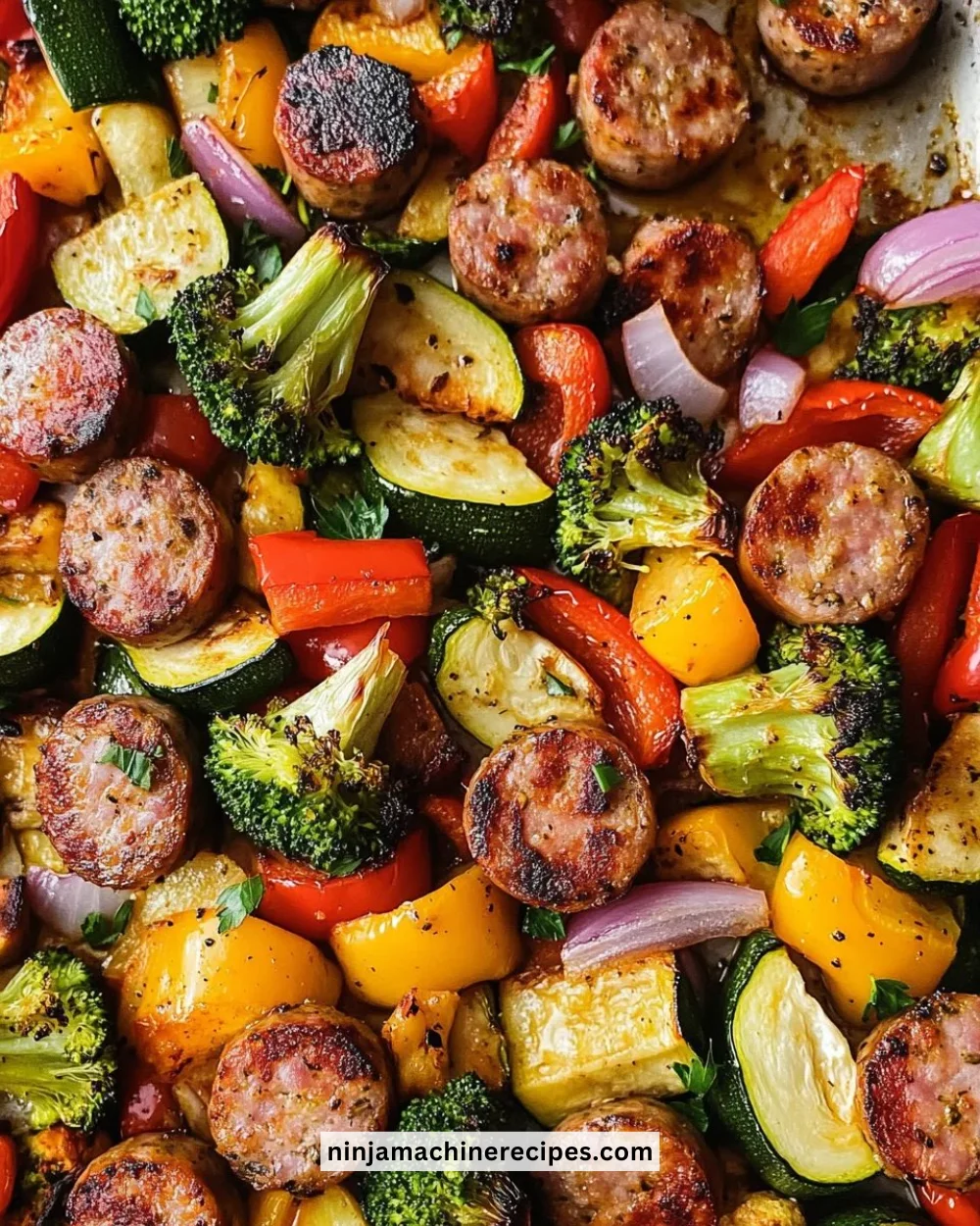 Sheet pan filled with cooked sausage and colorful mixed veggies.