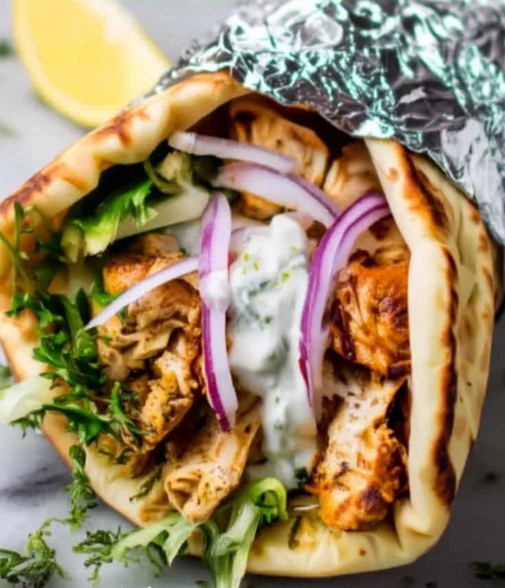 Delicious slow cooker chicken shawarma served with fresh vegetables.