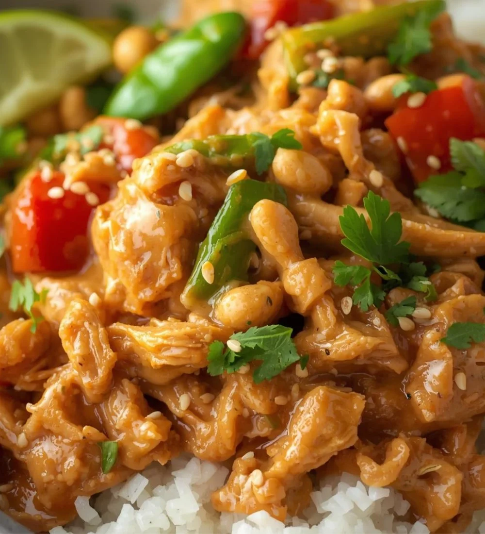 Delicious bowl of Slow Cooker Thai Peanut Chicken garnished with peanuts and herbs