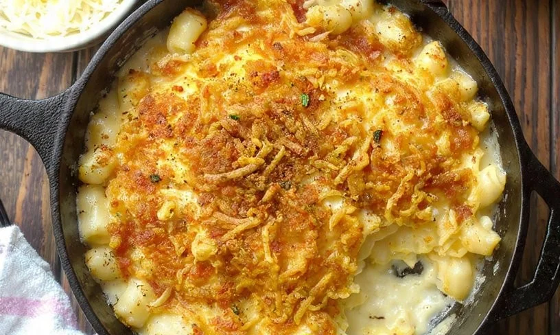 Delicious Smoked Mac and Cheese topped with crispy breadcrumbs and cheese