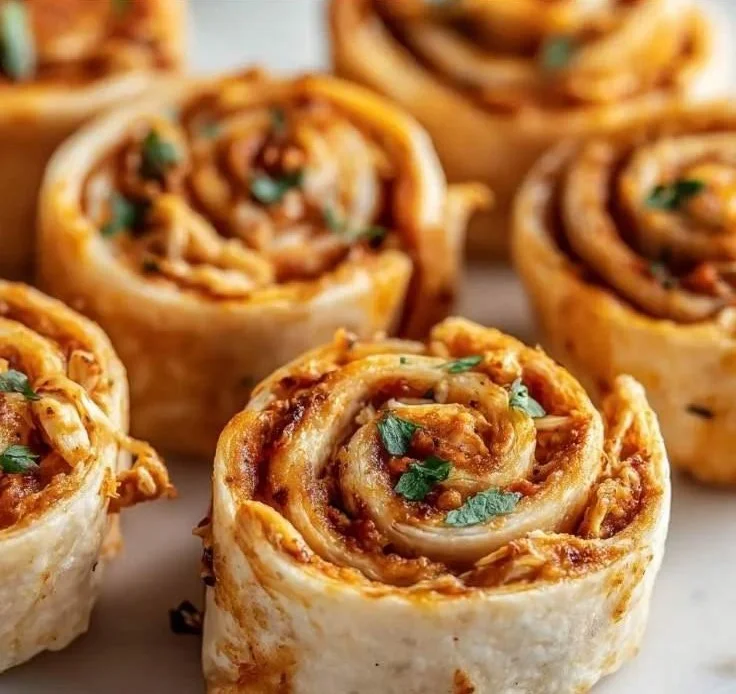 Smoky BBQ Chicken Pinwheels on a platter with garnishes