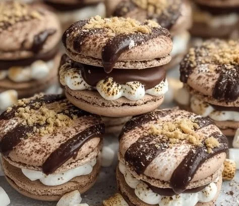 Delicious S'mores macarons with chocolate, marshmallow, and graham cracker fillings