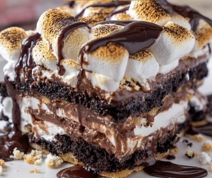 S'mores Lasagna dessert with layered graham crackers, marshmallows, and chocolate