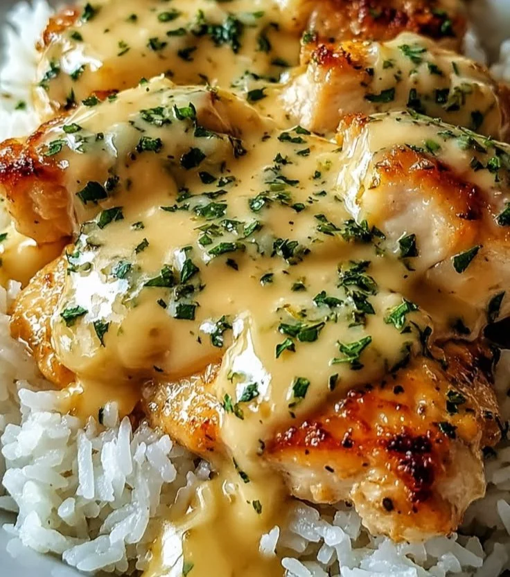Delicious smothered chicken served over fluffy rice in a savory sauce