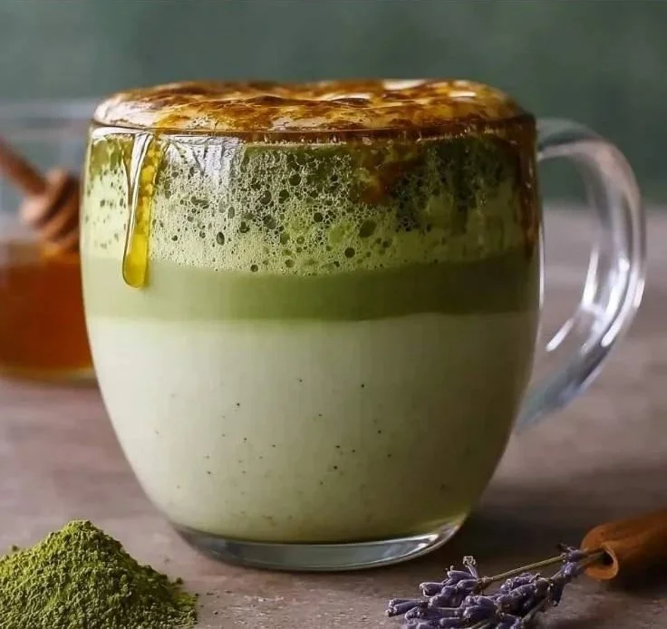 A creamy honey matcha latte served in a cozy cup, topped with froth and honey drizzle.
