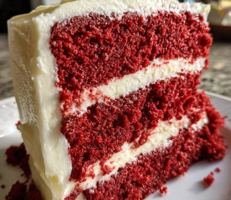 Delicious slice of Southern Red Velvet Cake topped with cream cheese frosting.