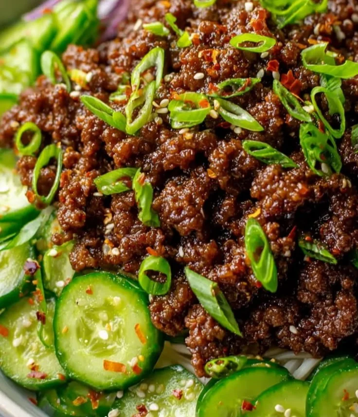 Delicious Spicy Keto Korean Ground Beef dish served with vegetables