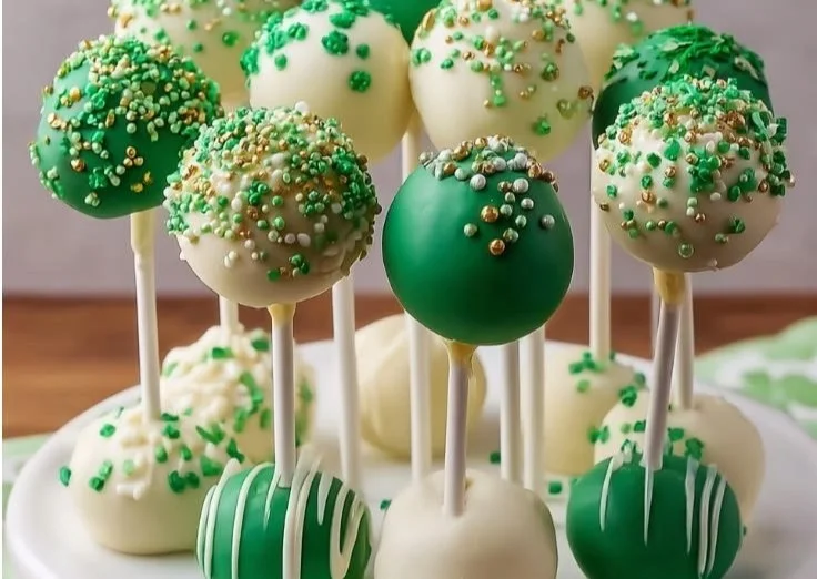Festive St. Patrick's Day cake pops decorated with green and gold